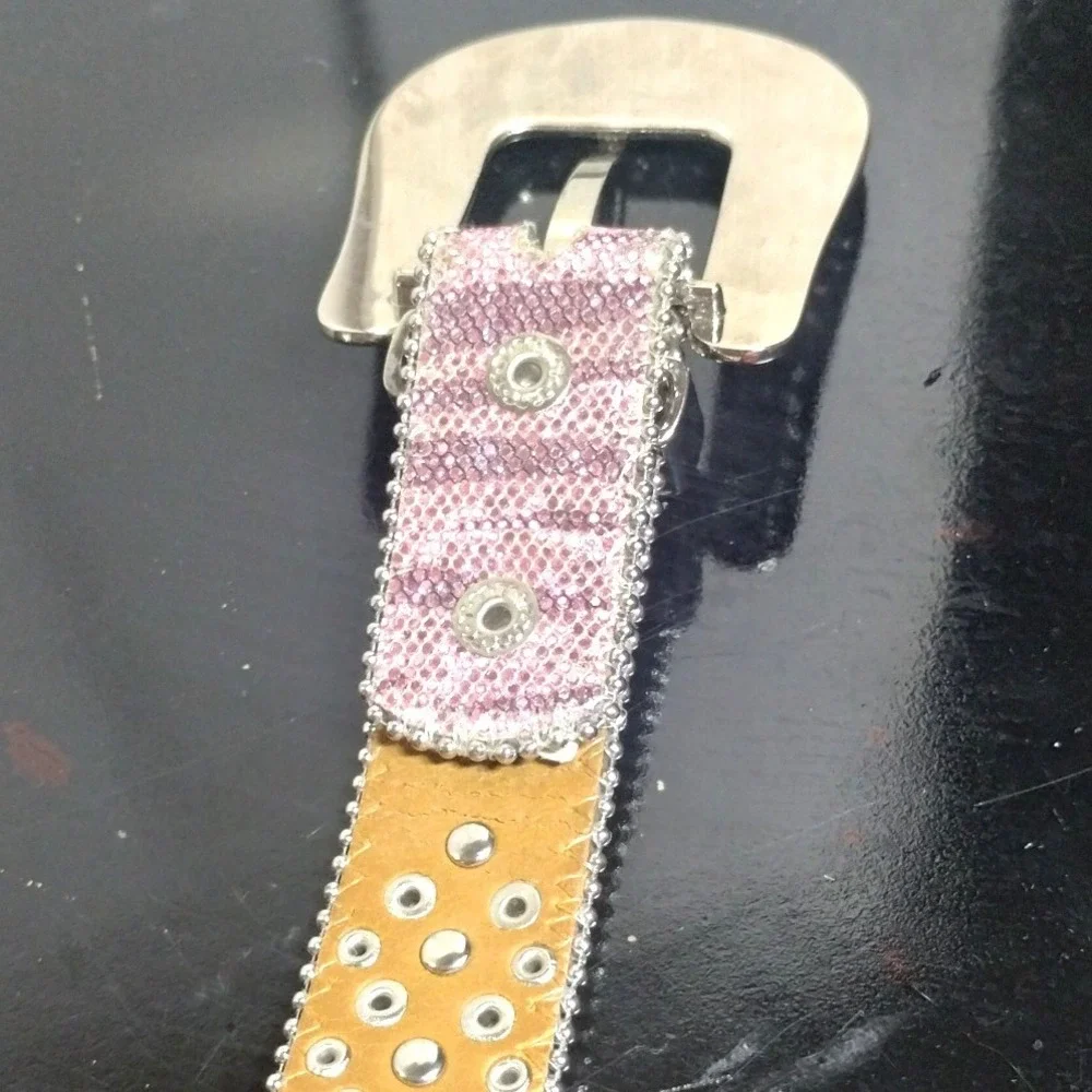 Pink Rhinestone Western Belt Horseshoe Studded Snakeskin Print Silver Buckle